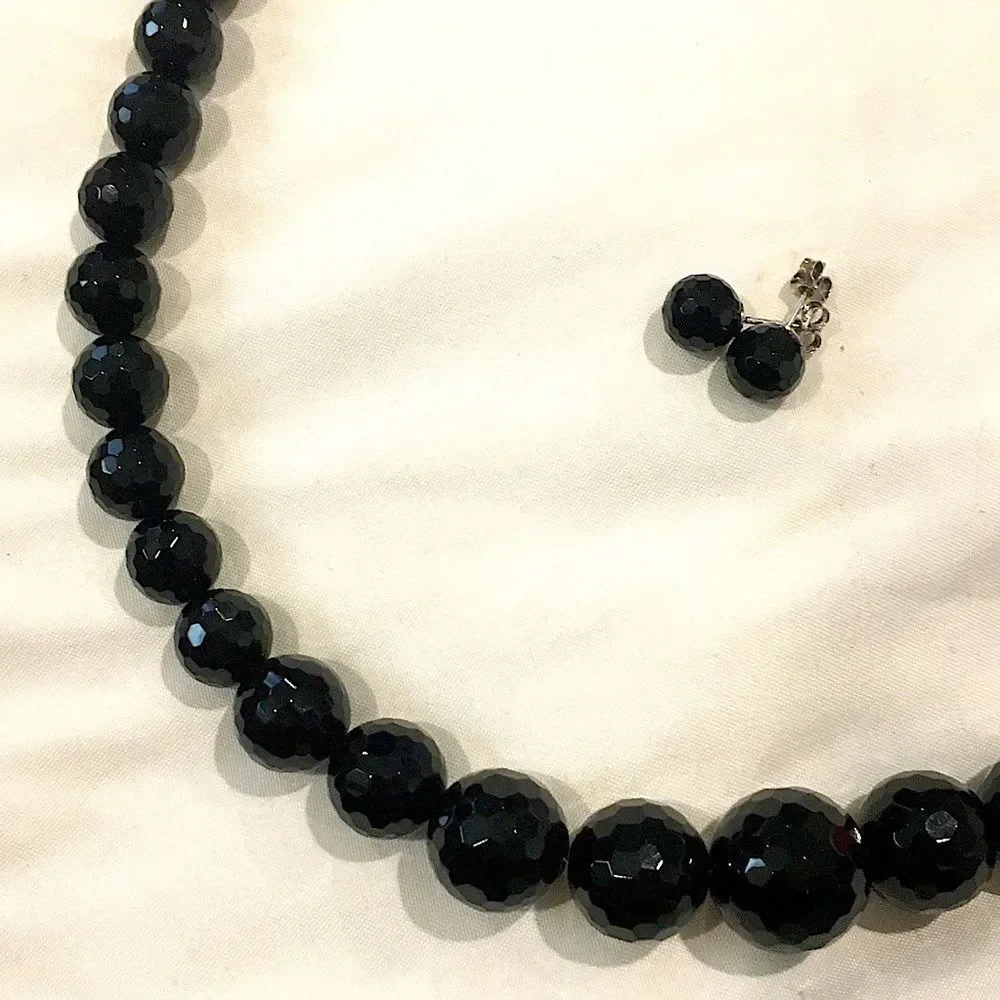 Vintage Black Onyx Faceted Necklace & Faceted Onyx Sterling Silver Earrings Set